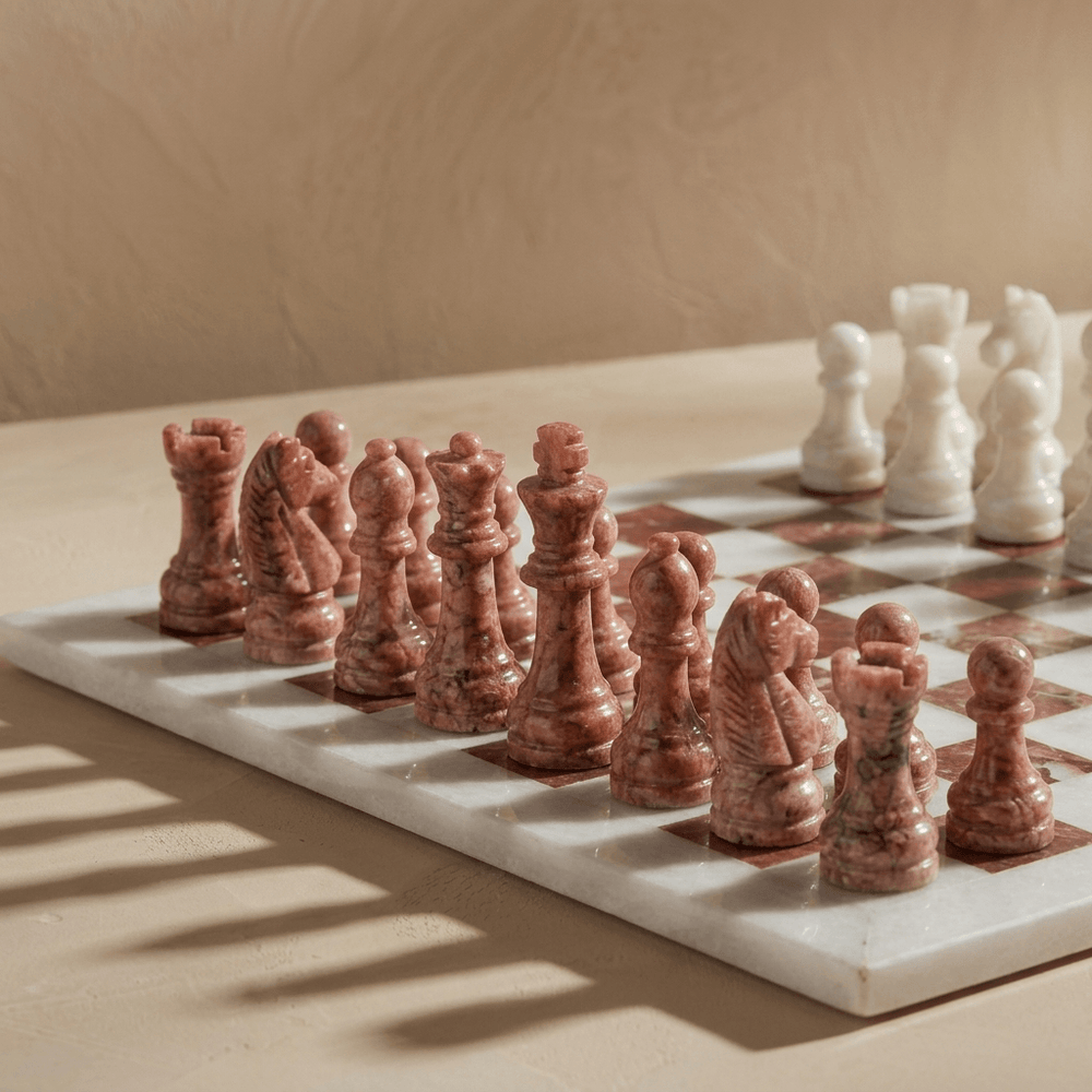 Marble Chess Set with Storage Case - White and Pink