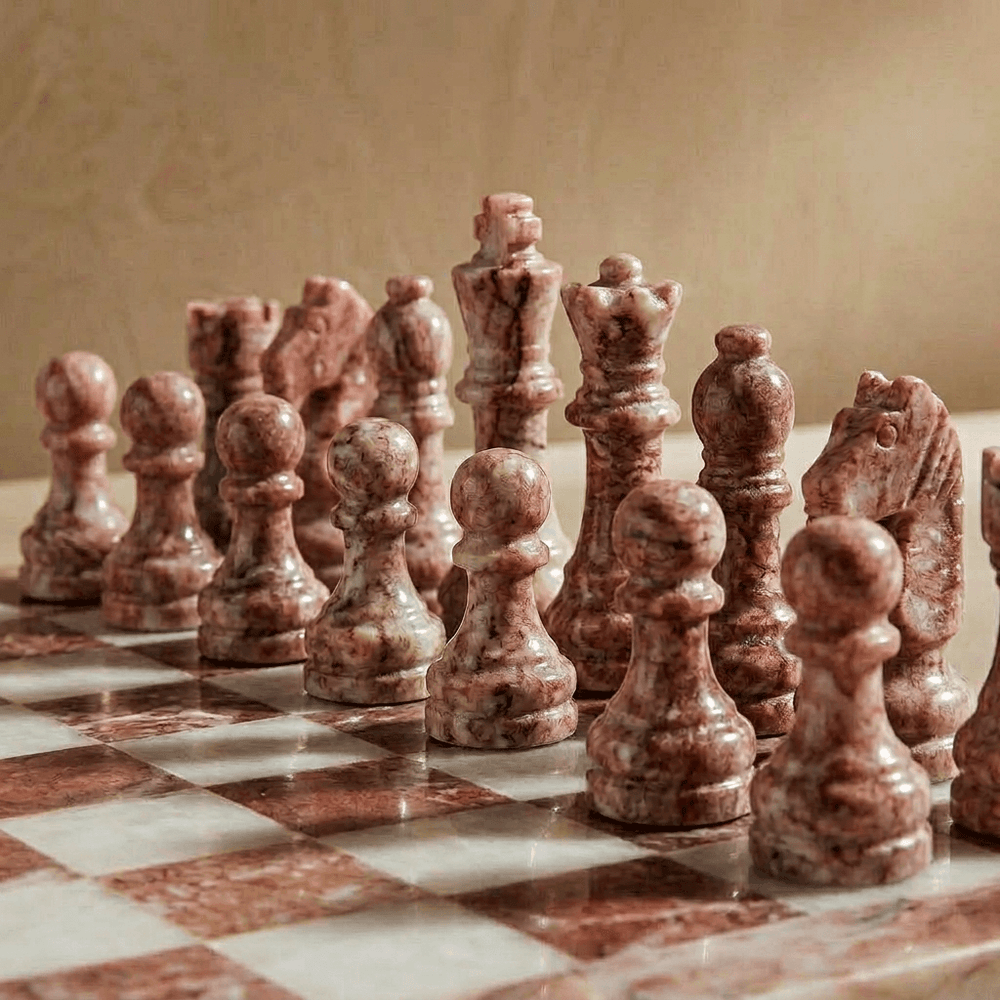 Marble Chess Set with Storage Case - Pink and White
