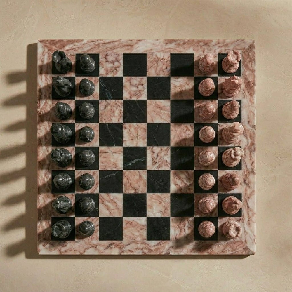 Marble Chess Set with Storage Case - Pink and Black - Marble Cultures