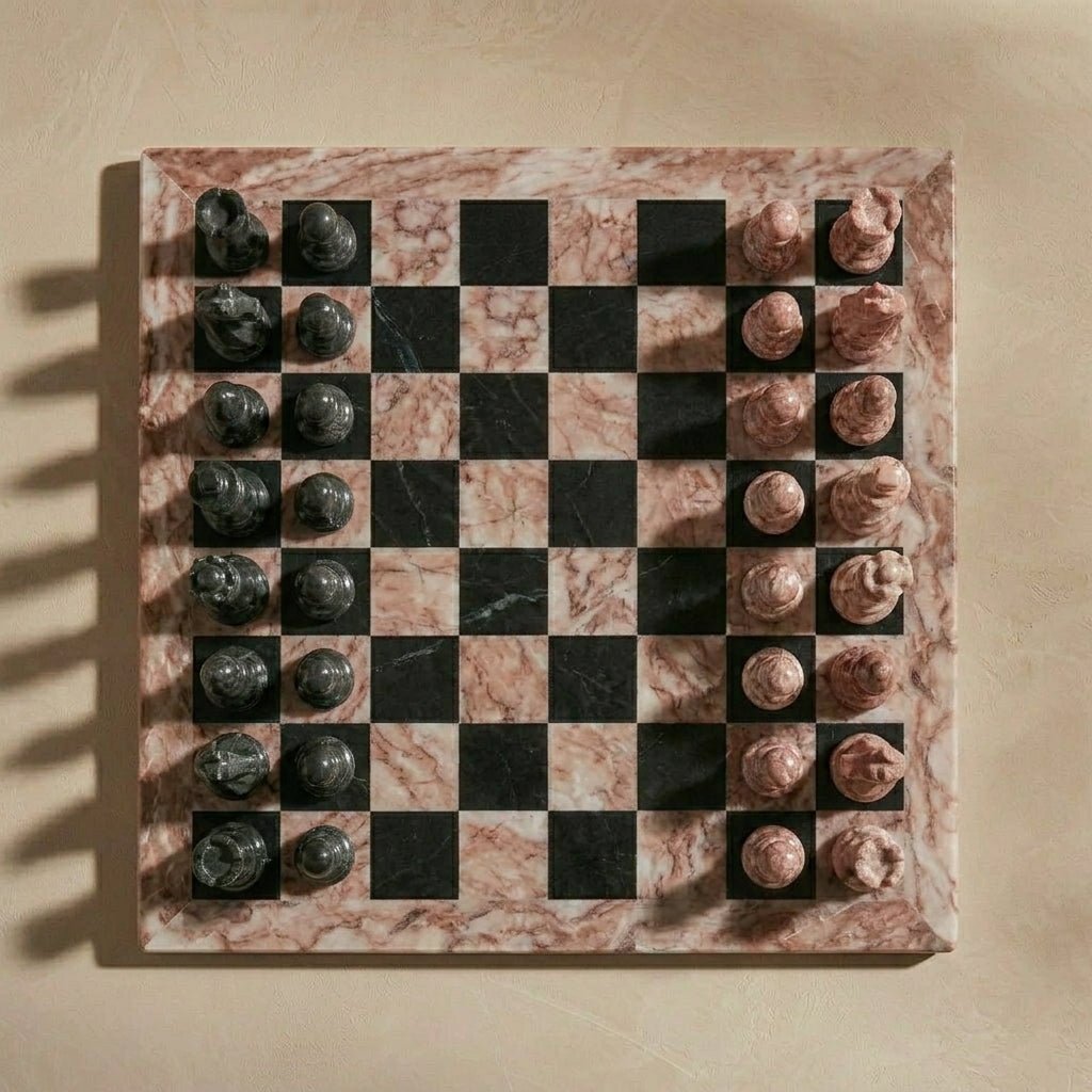 Marble Chess Set with Storage Case - Pink and Black - Marble Cultures