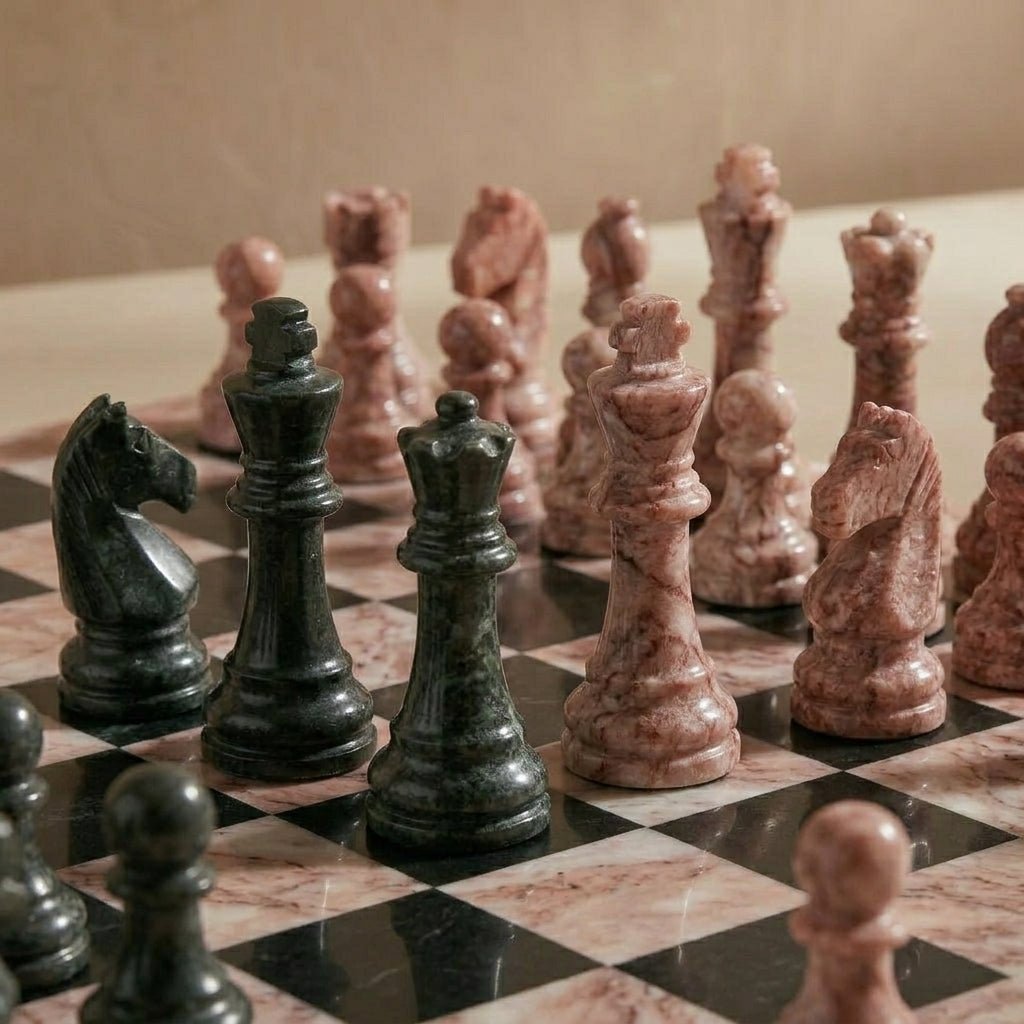 Marble Chess Set with Storage Case - Pink and Black - Marble Cultures