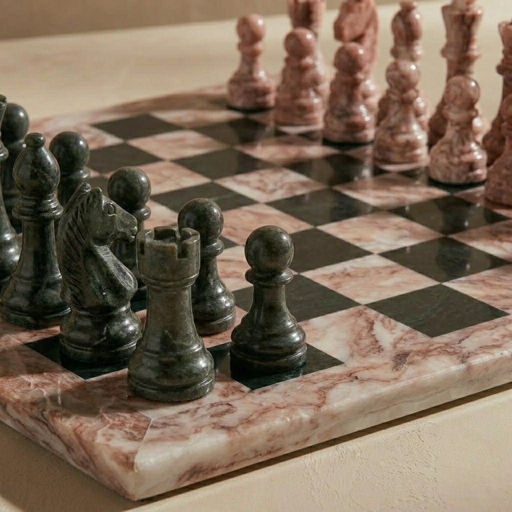 Marble Chess Set with Storage Case - Pink and Black - Marble Cultures
