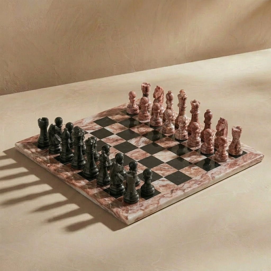 Marble Chess Set with Storage Case - Pink and Black - Marble Cultures