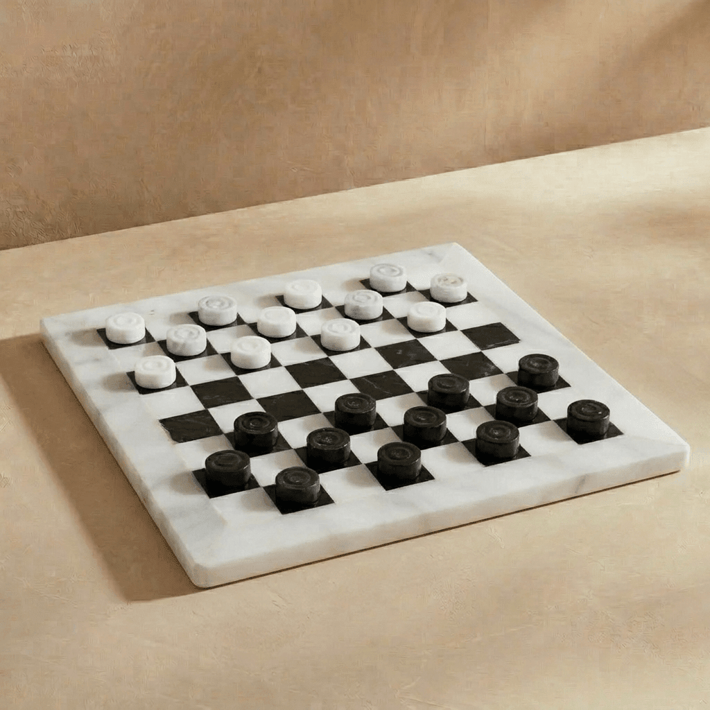 Marble Checkers Set with Storage Case - White and Black - Marble Cultures