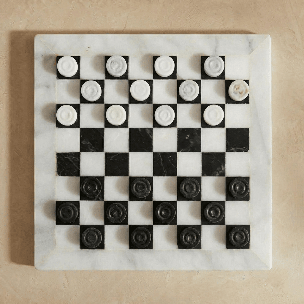 Marble Checkers Set with Storage Case - White and Black - Marble Cultures
