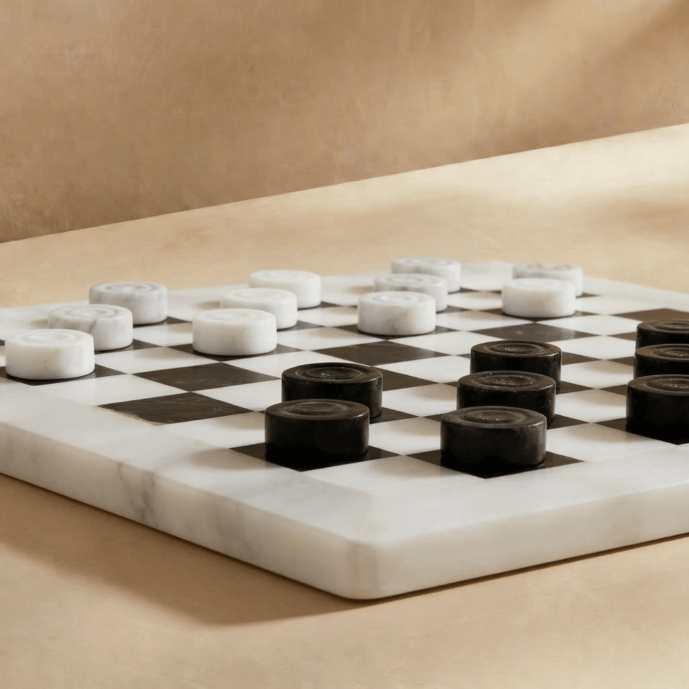 Marble Checkers Set with Storage Case - White and Black
