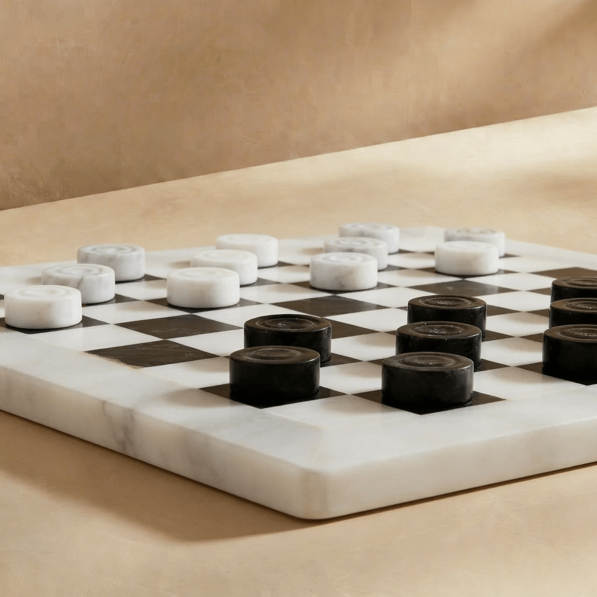 Marble Checkers Set with Storage Case - White and Black - Marble Cultures