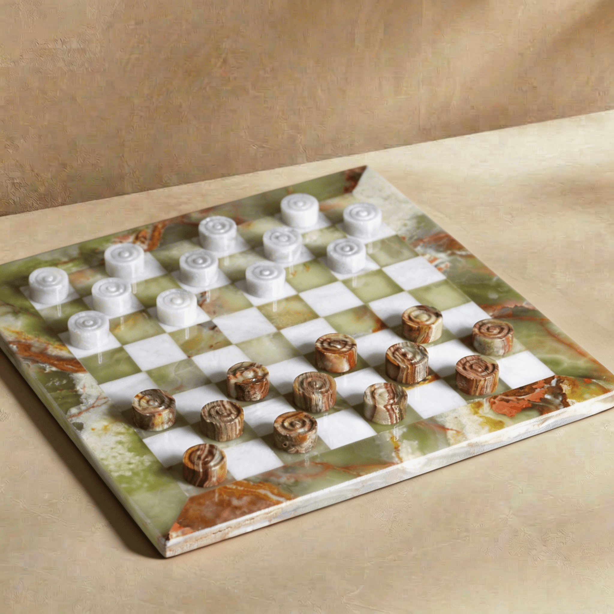 Marble Checkers Set with Storage Case - Onyx and White - Marble Cultures
