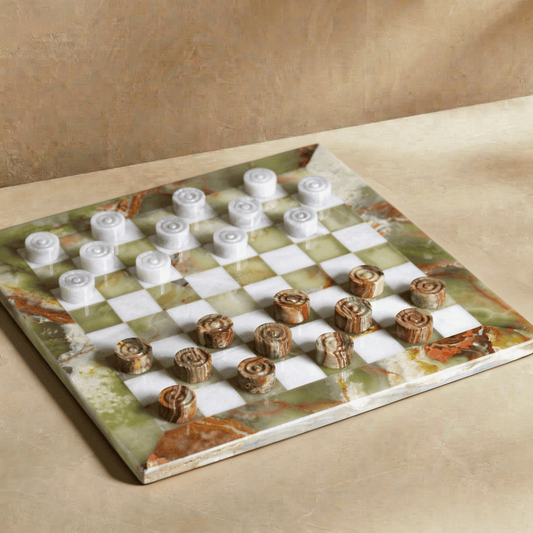 Marble Checkers Set with Storage Case - Onyx and White - Marble Cultures