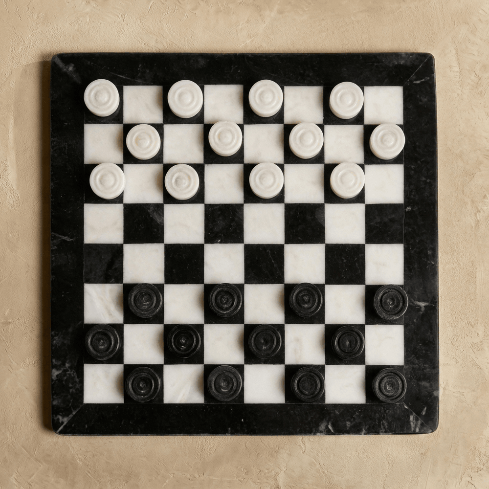 Marble Checkers Set with Storage Case - Black and White