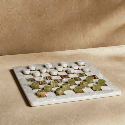 Marble Checkers Set with Storage Case - White and Onyx