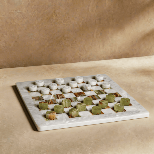Marble Checkers Set with Storage Case - White and Onyx - Marble Cultures