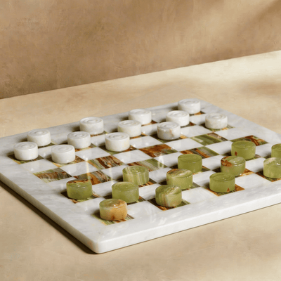 Marble Checkers Set with Storage Case - White and Onyx