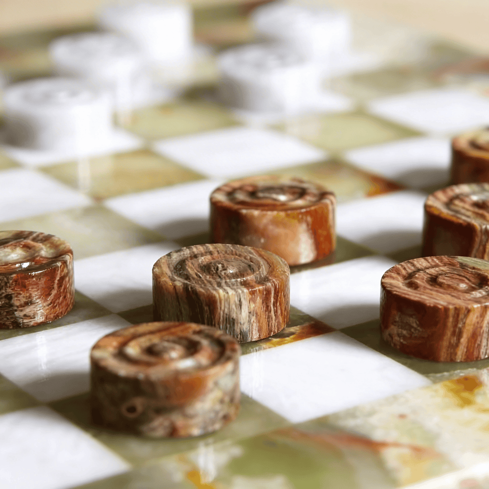 Marble Checkers Set with Storage Case - Onyx and White