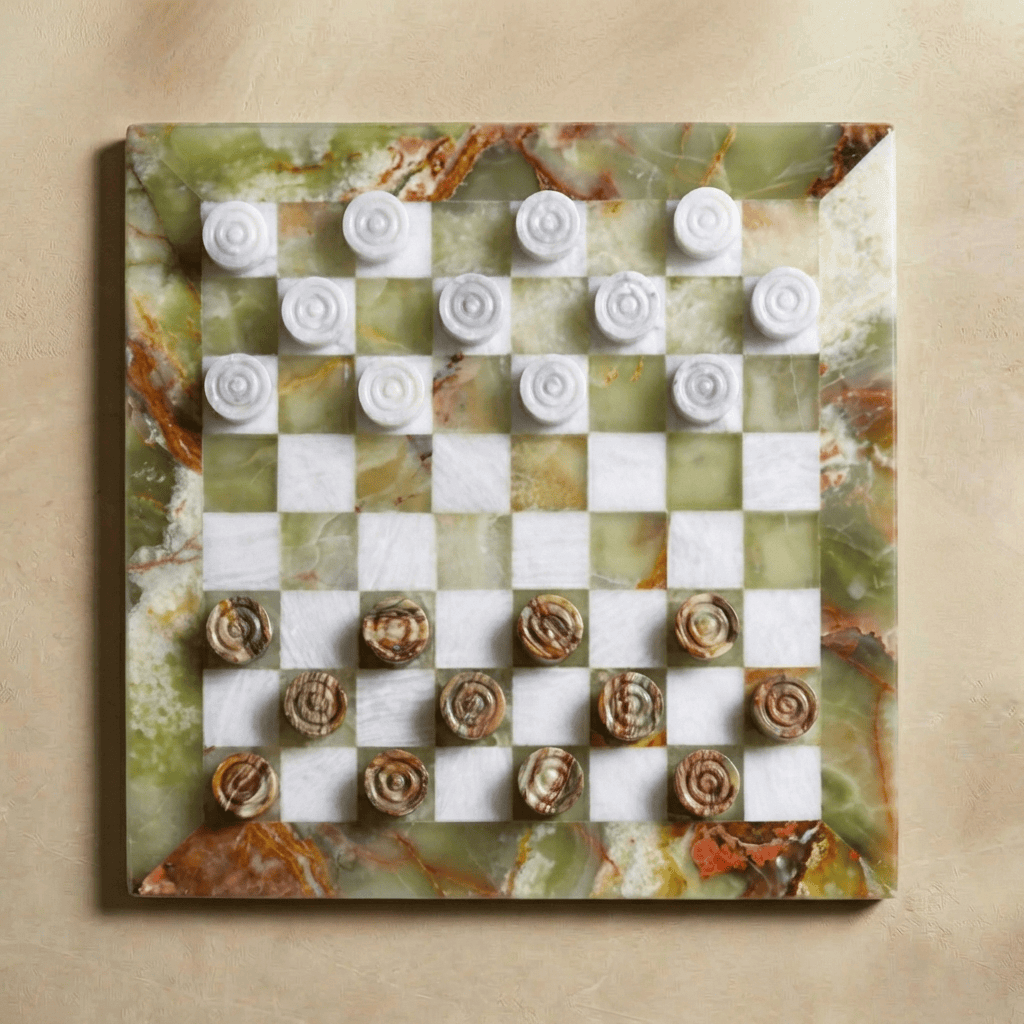 Marble Checkers Set with Storage Case - Onyx and White - Marble Cultures