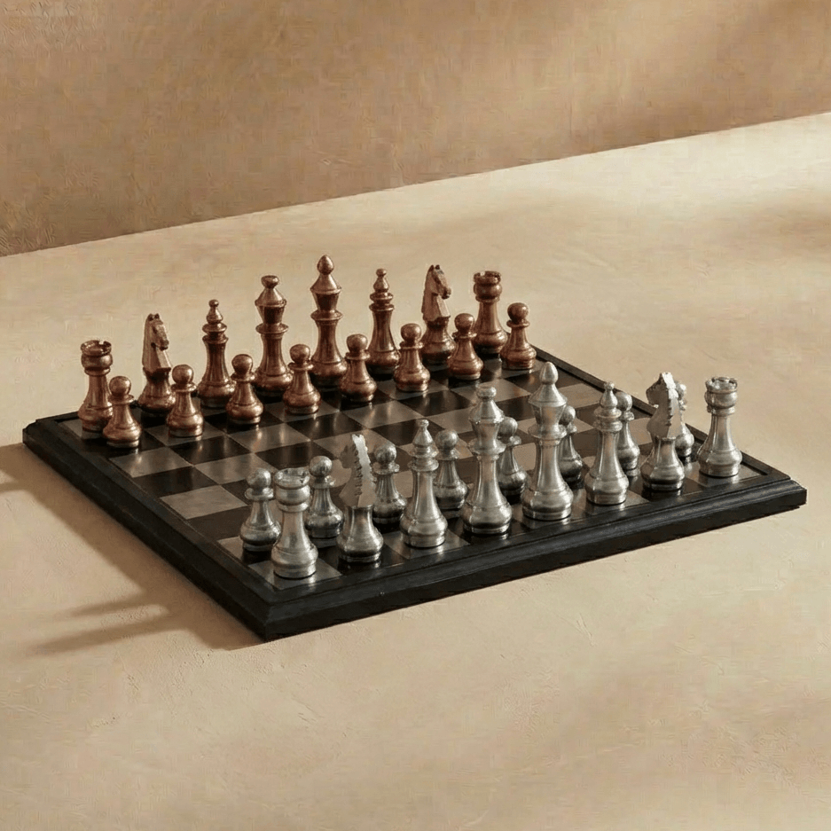 Modern Rustic Metallic Chess Set - Copper and Silver Chess Set