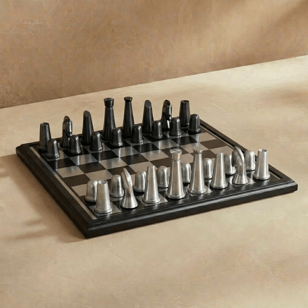 Black and silver metallic chess set