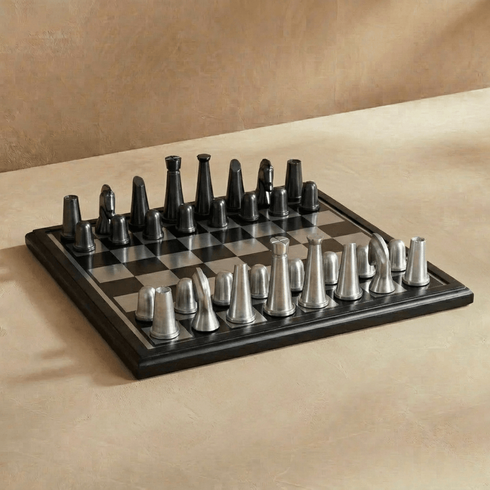 Art Deco Metallic Chess Set - Black and Silver Chess Set