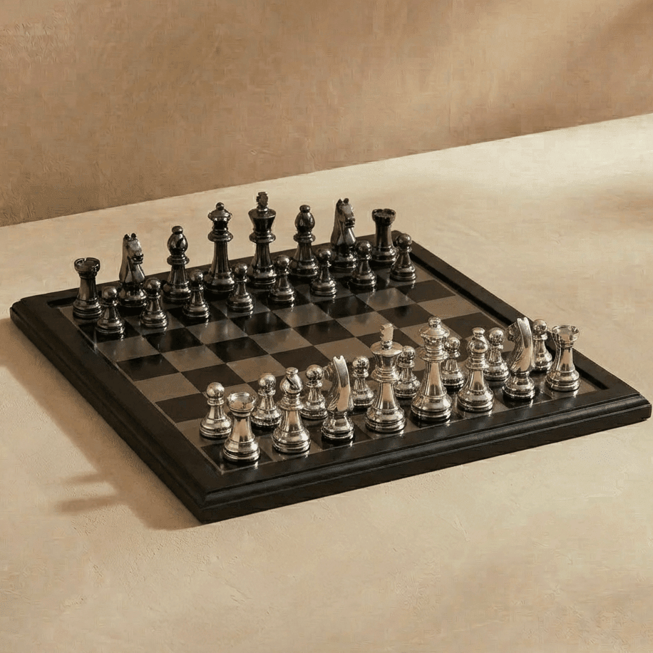 The English Opening - Black and Silver Metallic Chess Set - Marble Cultures