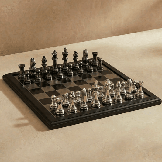 The English Opening - Black and Silver Metallic Chess Set - Marble Cultures