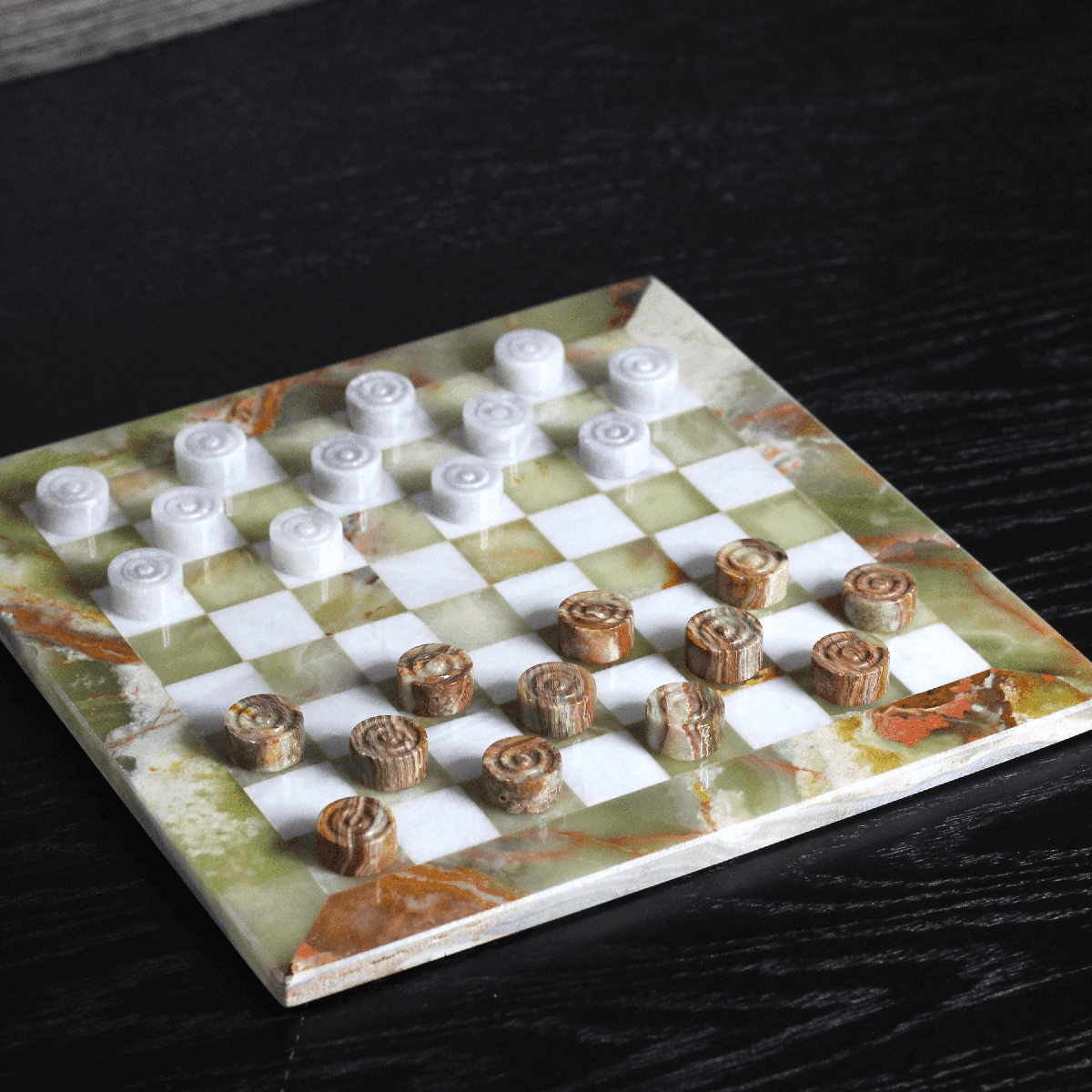 Marble Checkers Set with Storage Case - Onyx and White - Marble Cultures