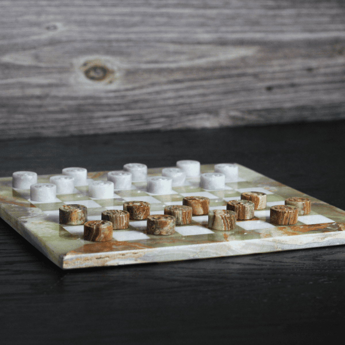 Marble Checkers Set with Storage Case - Onyx and White - Marble Cultures