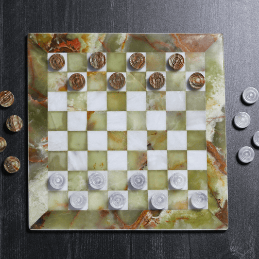 Marble Checkers Set with Storage Case - Onyx and White - Marble Cultures