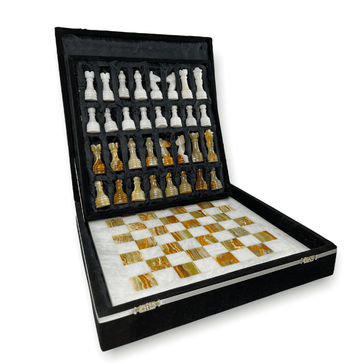 Marble Chess Set with Storage Case - White and Onyx - Marble Cultures