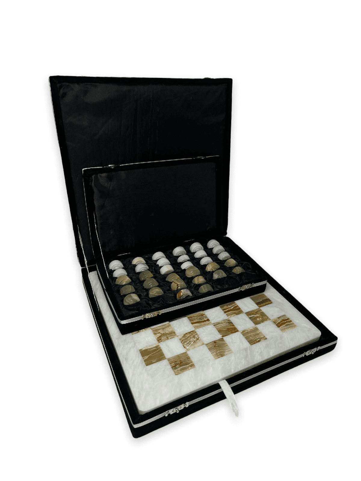 Marble Checkers Set with Storage Case - White and Onyx - Marble Cultures