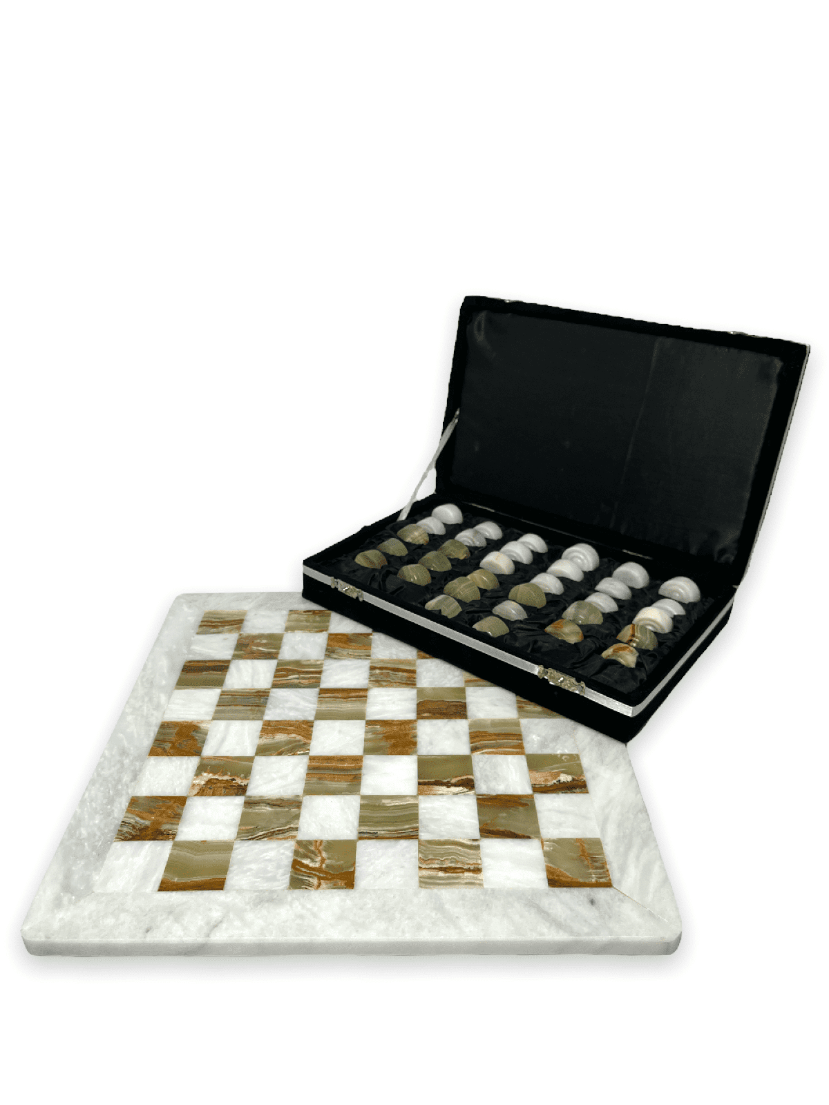 Marble Checkers Set with Storage Case - White and Onyx - Marble Cultures