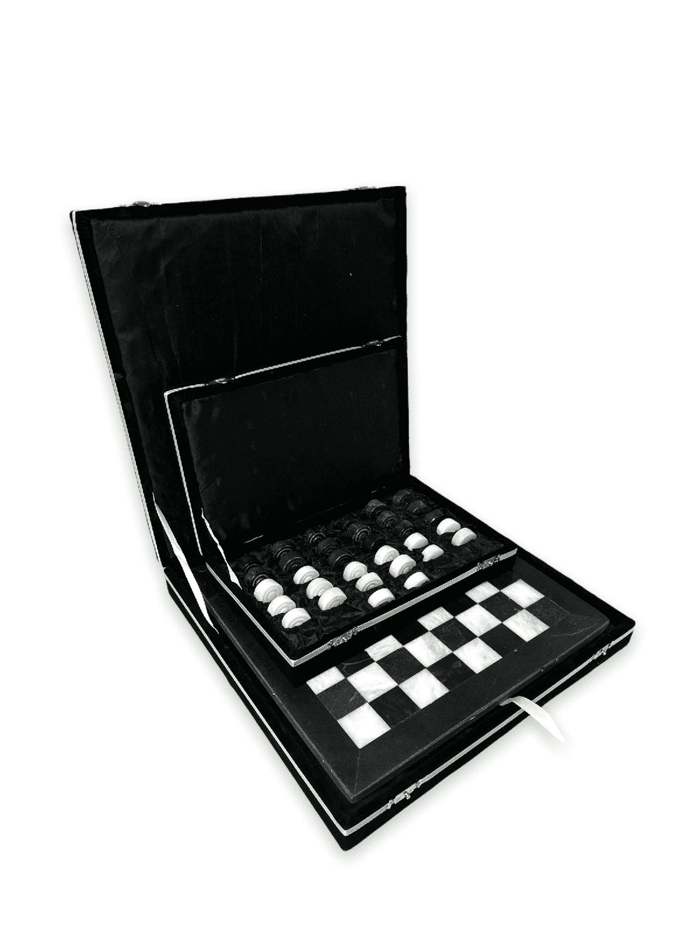 Marble Checkers Set with Storage Case - Black and White - Marble Cultures