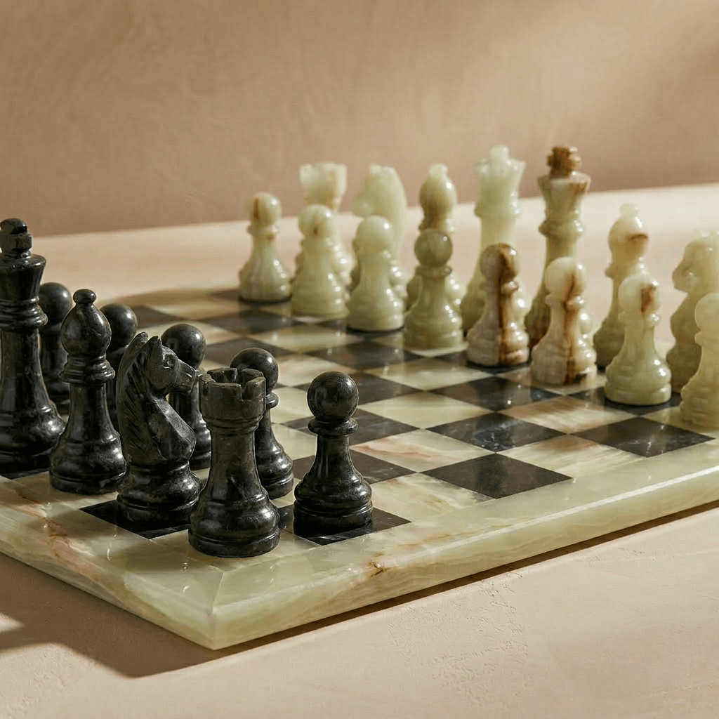 Marble Chess Set with Storage Case - Green Onyx and Black - Marble Cultures