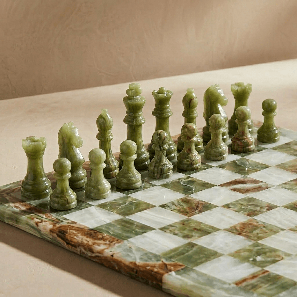 Marble Chess Set with Storage Case - Green Onyx and White - Marble Cultures