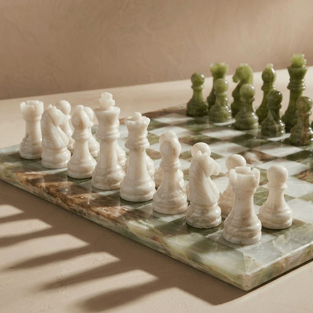 Marble Chess Set with Storage Case - Green Onyx and White - Marble Cultures