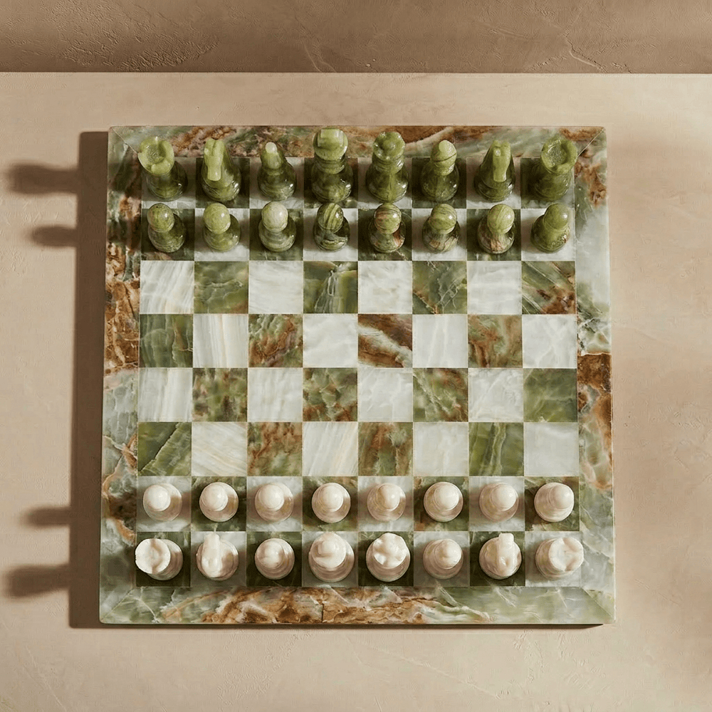 Marble Chess Set with Storage Case - Green Onyx and White