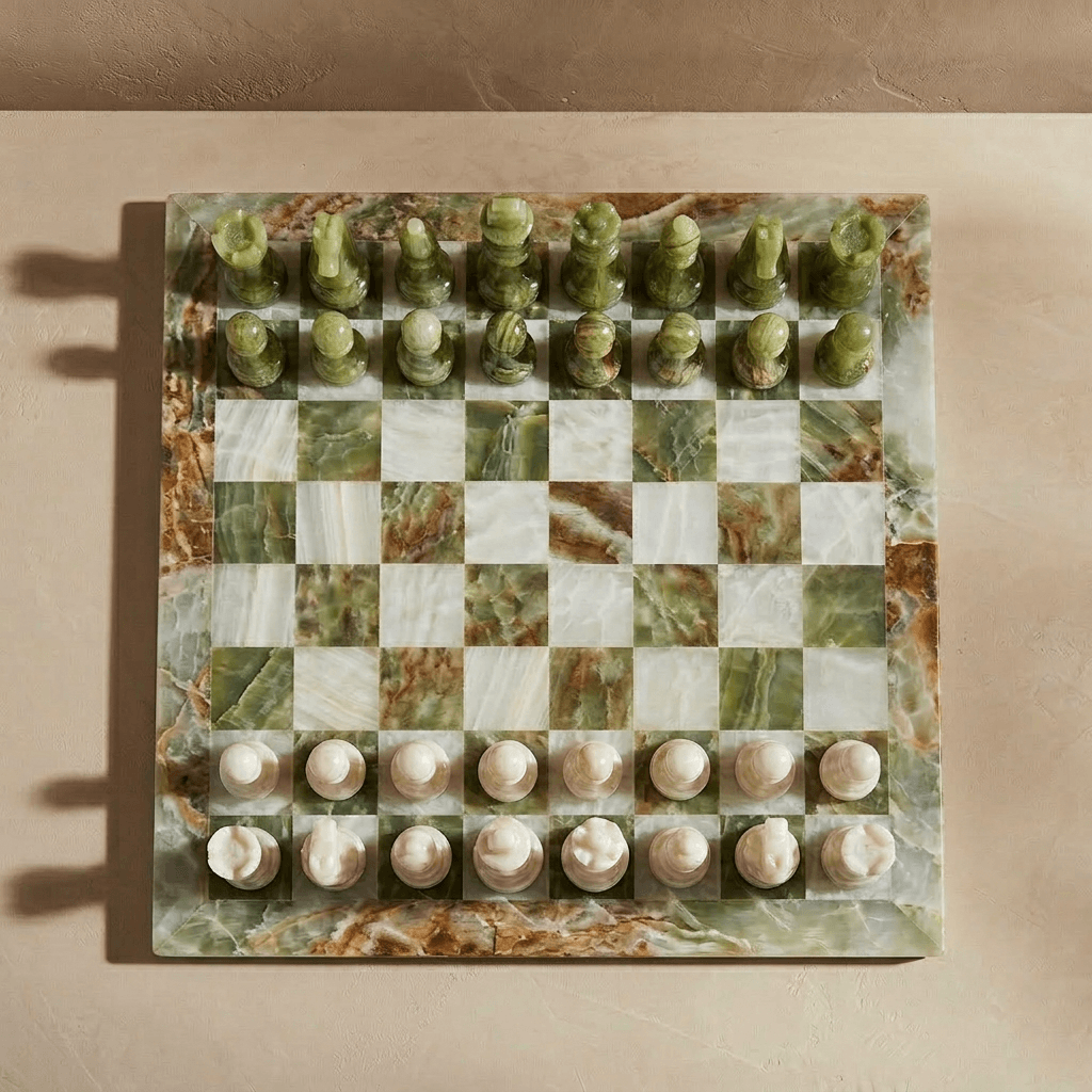 Marble Chess Set with Storage Case - Green Onyx and White - Marble Cultures