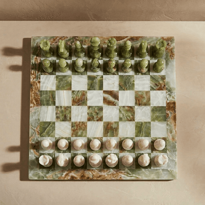 Marble Chess Set with Storage Case - Green Onyx and White