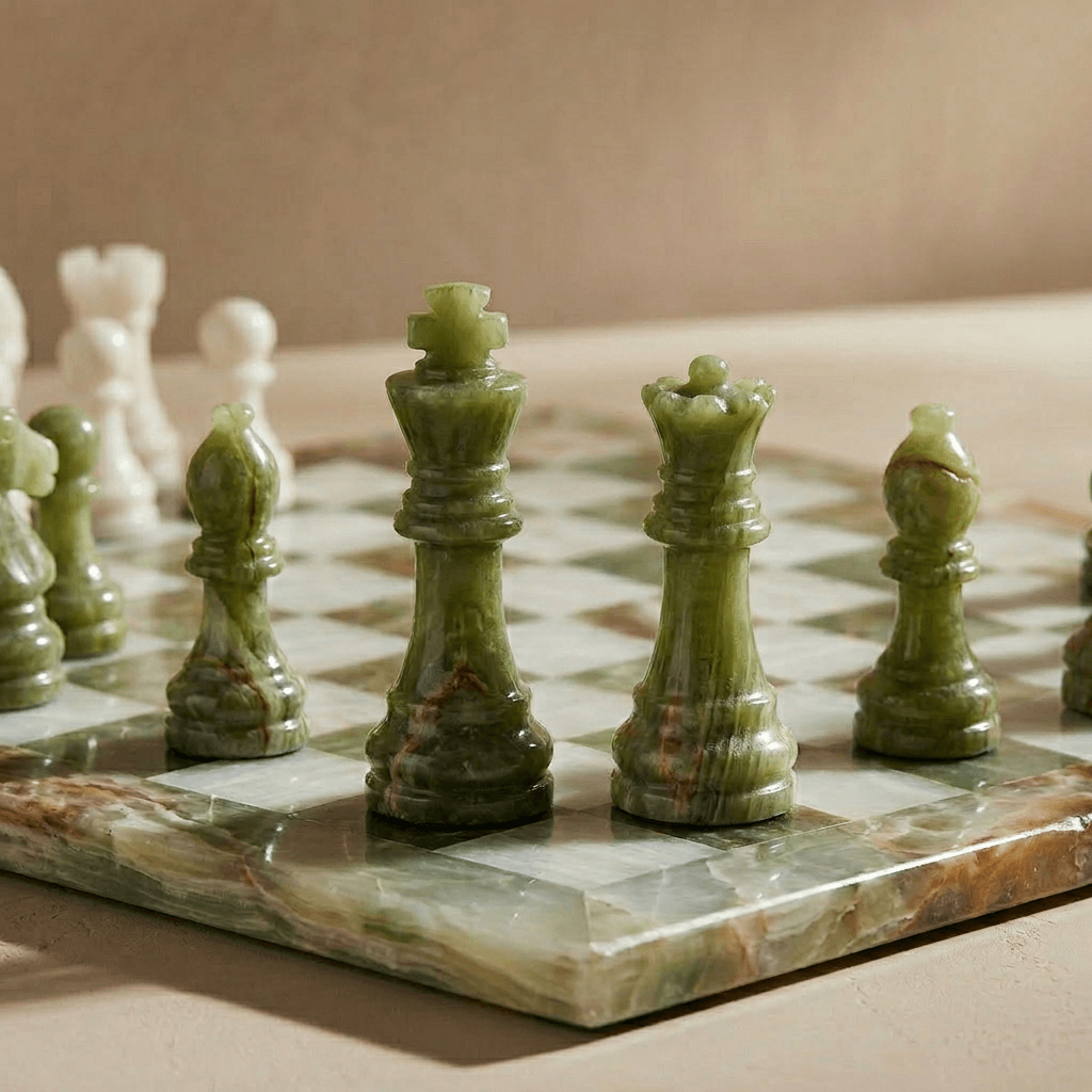 Marble Chess Set with Storage Case - Green Onyx and White - Marble Cultures