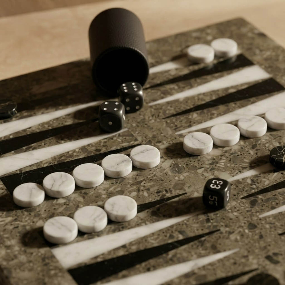 Luxury Marble Backgammon Set (Oceanic, Black, and White) - Marble Cultures