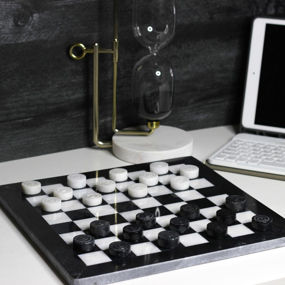 Marble Checkers Set with Storage Case - Black and White - Marble Cultures