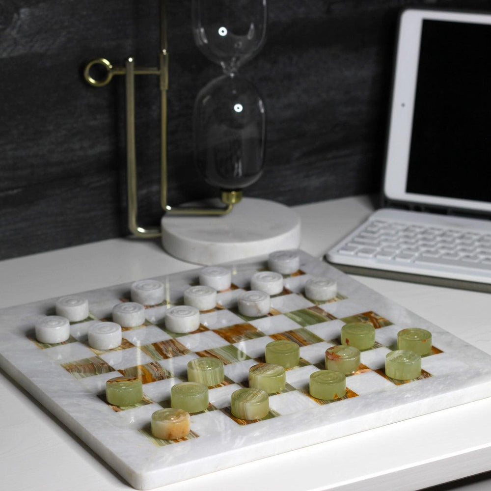 Marble Checkers Set with Storage Case - White and Onyx - Marble Cultures