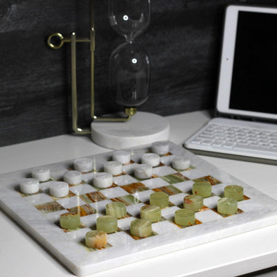 Marble Checkers Set with Storage Case - White and Onyx