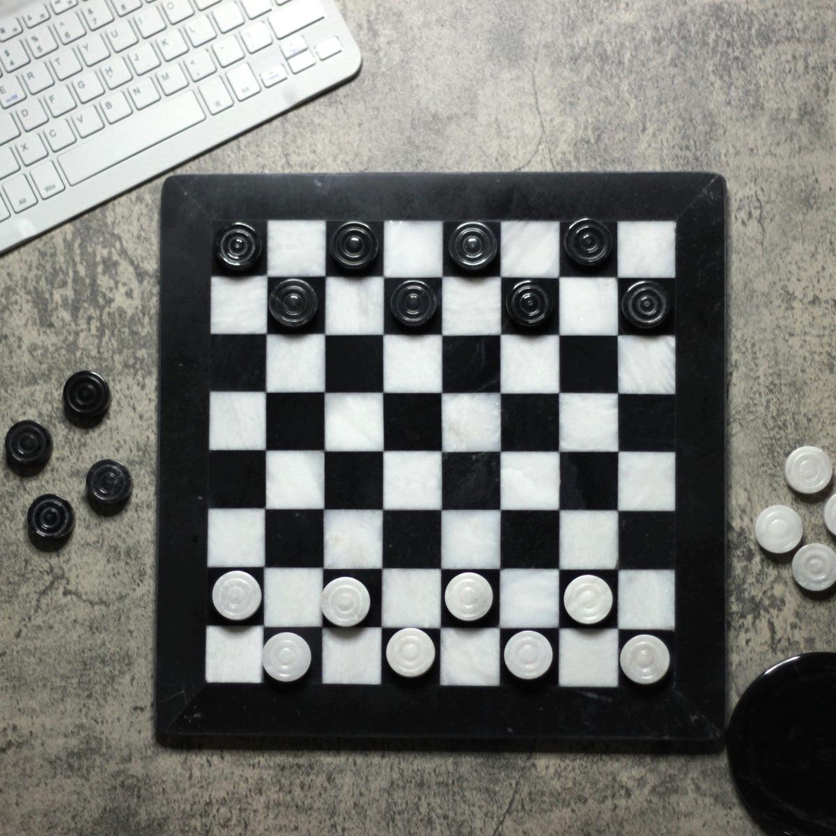 Marble Checkers Set with Storage Case - Black and White - Marble Cultures