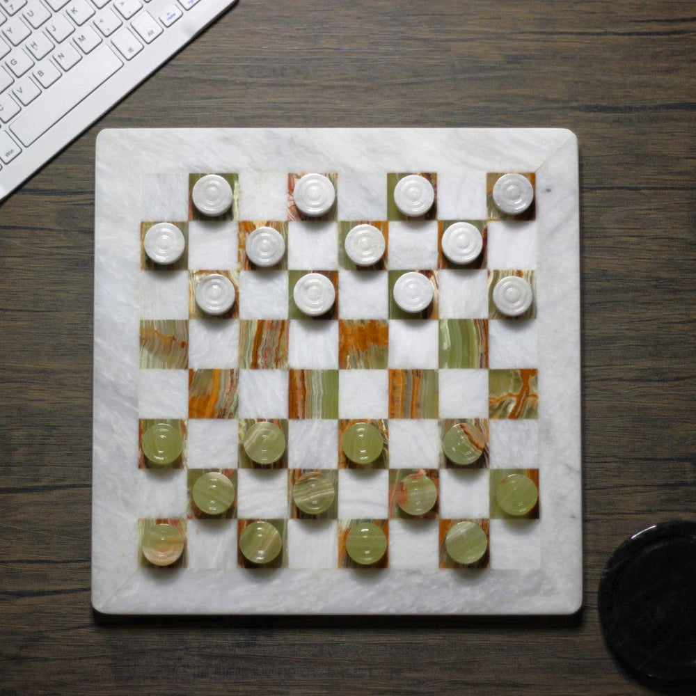 Marble Checkers Set with Storage Case - White and Onyx - Marble Cultures