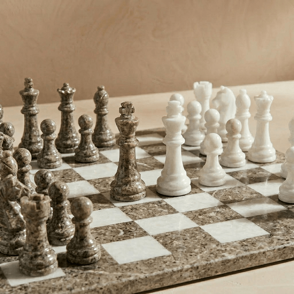 Marble Chess Set with Storage Case - Oceanic and White