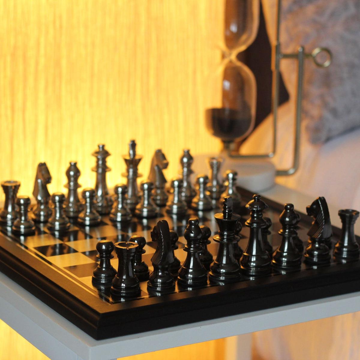 The English Opening - Black and Silver Metallic Chess Set - Marble Cultures