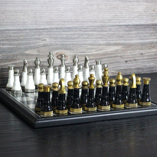 The Budapest Gambit - Black and White Metallic Chess Set - Marble Cultures