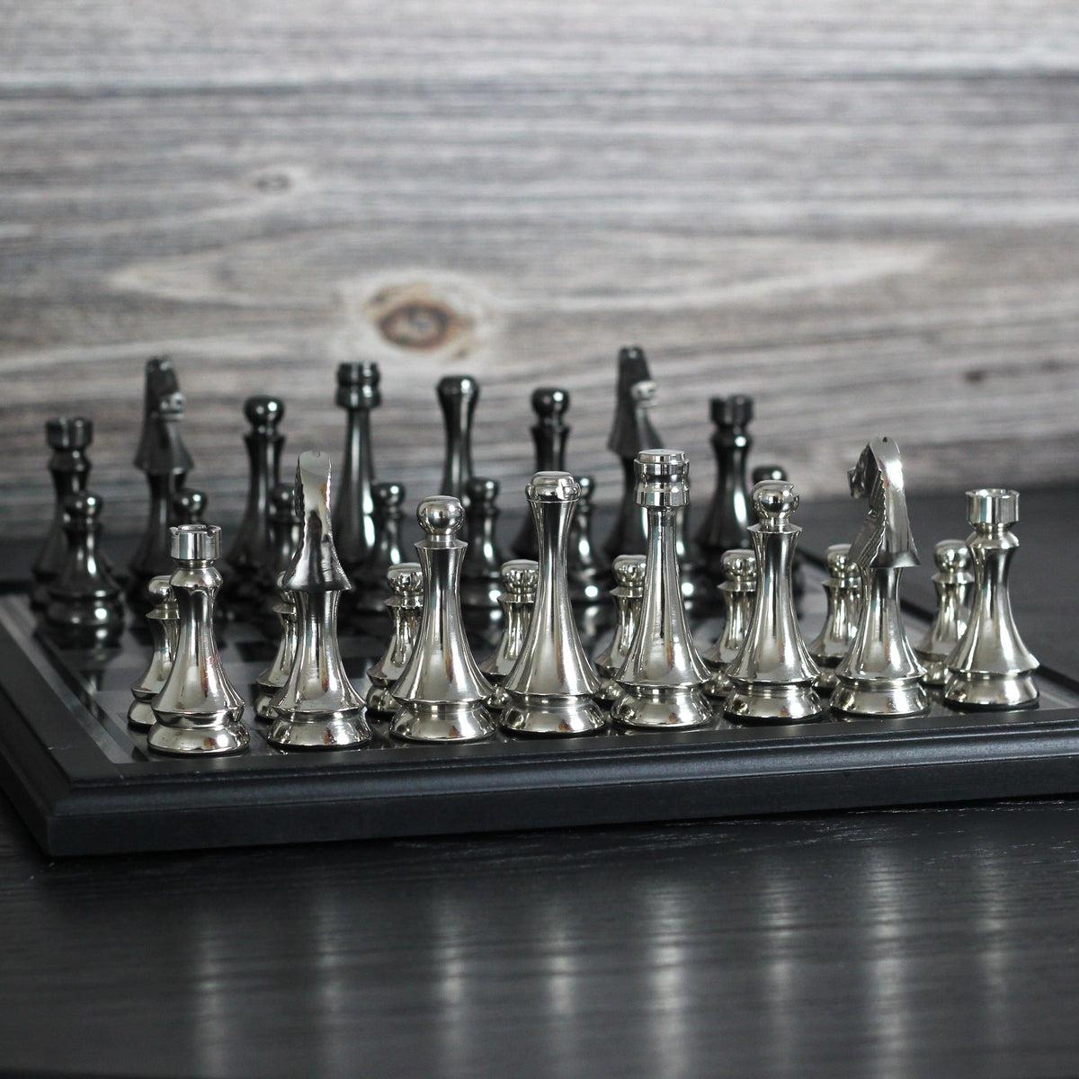 Scotch Gambit - Gorgeous Black and Silver Metallic Chess Set - Marble Cultures