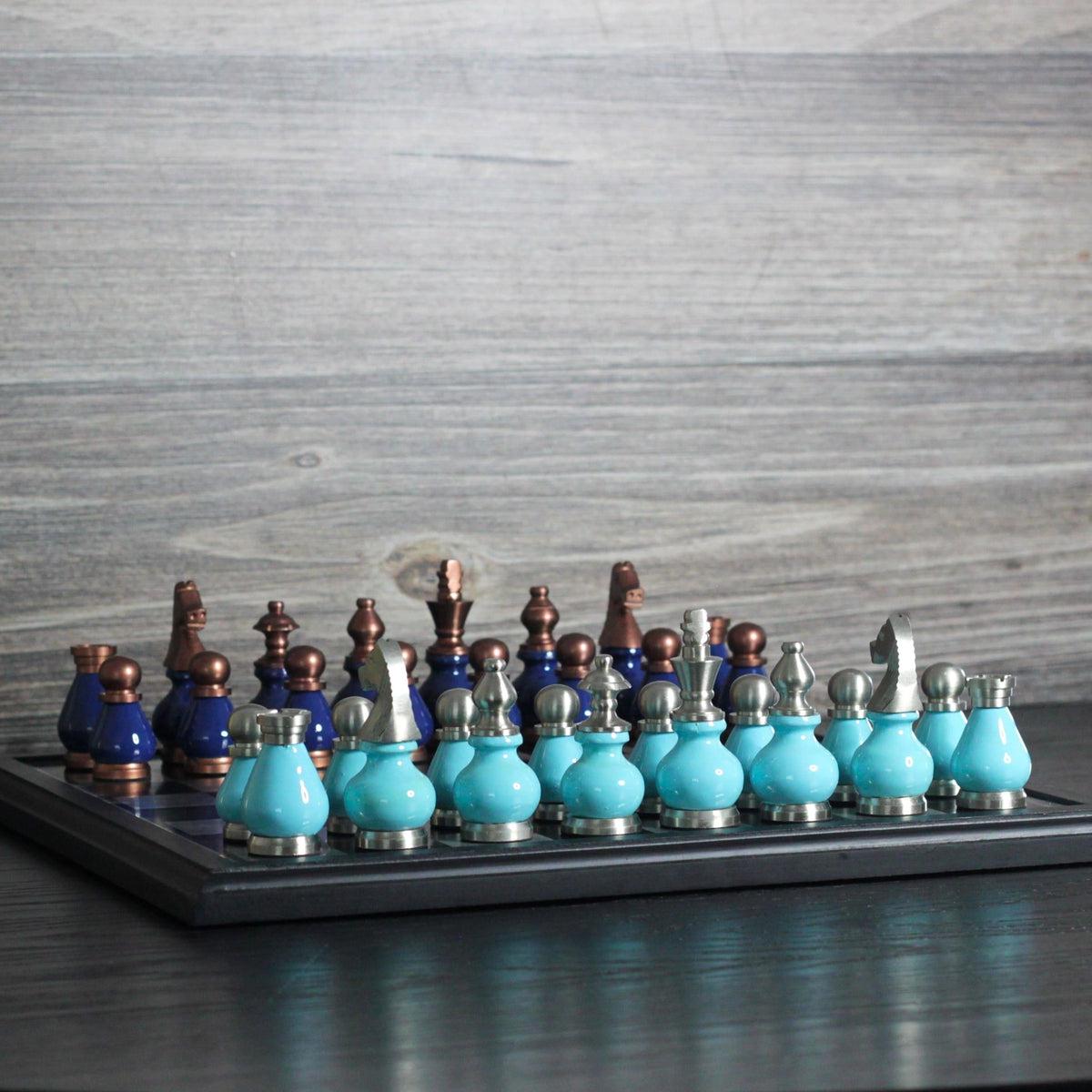 The Queens Gambit - Royal & Tiffany Blue Metallic Chess Set - Marble Cultures