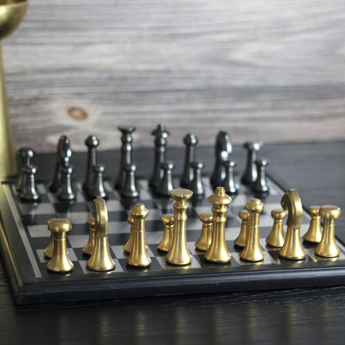 The Modern Defense - Black and Gold Metallic Chess Set - Marble Cultures
